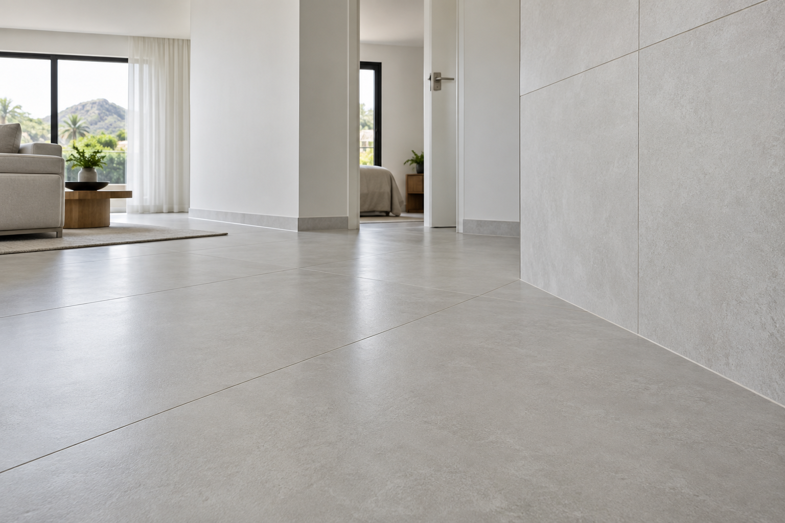 Piso e revestimento em porcelanato cinza com juntas alinhadas